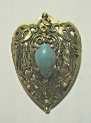 Vintage 14k Filagree Heart Pin Converts To Pendant Turquoise & Pearl 12.  1 Grams