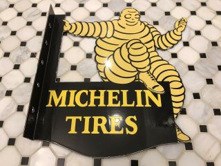 Vintage Michelin Tires Porcelain Double Sided Flange Sign Gas Oil Pump Plate