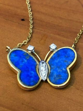Vintage 14k Yellow Gold Diamonds Blue Lapis Butterfly Pendant Necklace – 4.  1 Gr