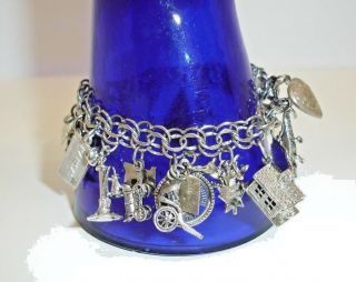 Vintage Elco Sterling Silver Double Link Charm Bracelet With 16 Charms