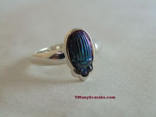 Antique,  1910 Lc Tiffany Rare Cobalt Blue Favrile Art Glass Scarab Sterling Ring