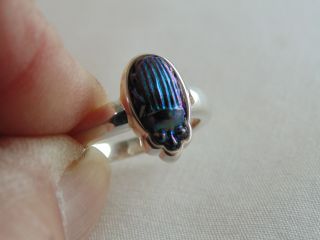 ANTIQUE,  1910 LC TIFFANY RARE COBALT BLUE FAVRILE ART GLASS SCARAB STERLING RING 2