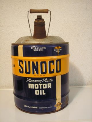 Vintage Sunoco 5 Gallon Mercury Made Motor Oil Can Advertising 10w Gas Station