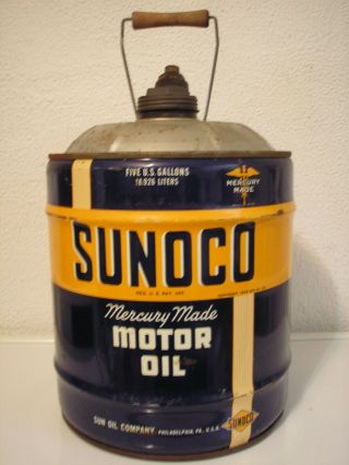 Vintage Sunoco 5 Gallon Mercury Made Motor Oil Can Advertising 10W Gas Station 3