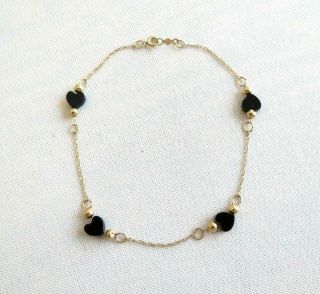 Vtg 14 K Yellow Gold Black Heart Shaped Onyx Chain Bracelet 7 1/4 " Long