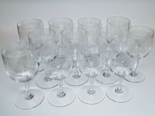 Antique Sevigne Etched Baccarat Water Goblet Wine Glass Crystal Stemware Set 12