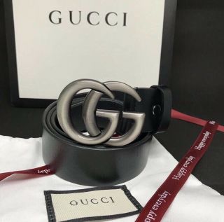 Gucci Black Leather Belt With Double G Chrome Buckle