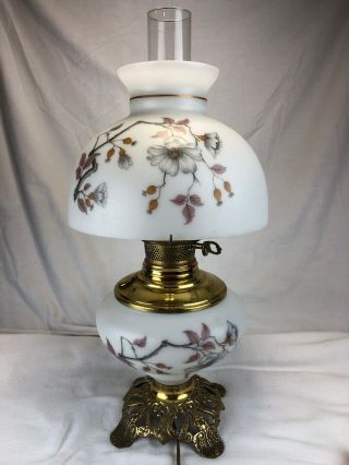 Vintage Parlor Table Gwtw Dogwood Electric Oil Lamp Milk Glass Cast Brass Base