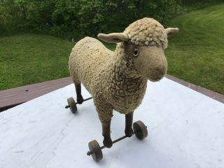 Vintage Antique Steiff Sheep Pull Toy With Button In Ear And Glass Eye