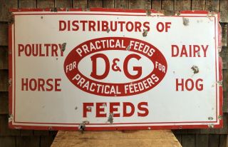 Rare Vintage D&g Poultry Horse Dairy Feeds Dealer Porcelain Sign 54x30