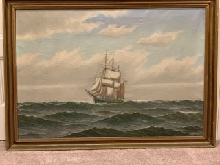 Antique Clipper Ship Oil Painting Signed