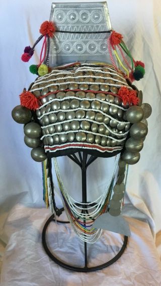 Vintage Akha Hill Tribe Headdress Northern Thailand W/ Wrought Iron Stand