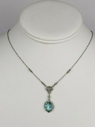 Vintage Art Deco 10k White Gold Lavalier Necklace W/ Pearl & Aqua Pendant