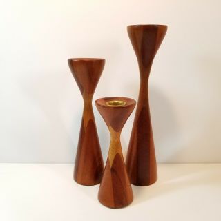 Danish Mod Teak Wood Candlestick Set Of 3 Mid Century Vintage