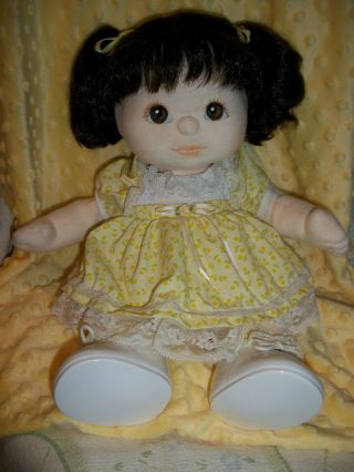 Vintage 1985 My Child Baby Doll Mattel Yellow Dress Dark Brown Hair Brown Eyes