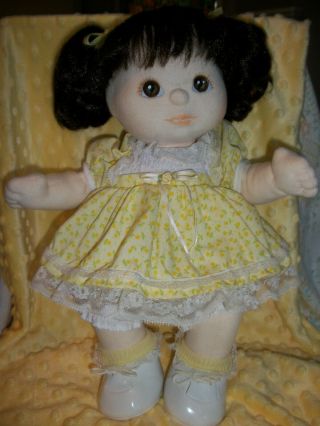 Vintage 1985 My Child Baby Doll Mattel yellow Dress Dark Brown Hair Brown Eyes 2