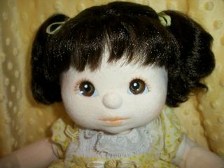 Vintage 1985 My Child Baby Doll Mattel yellow Dress Dark Brown Hair Brown Eyes 3