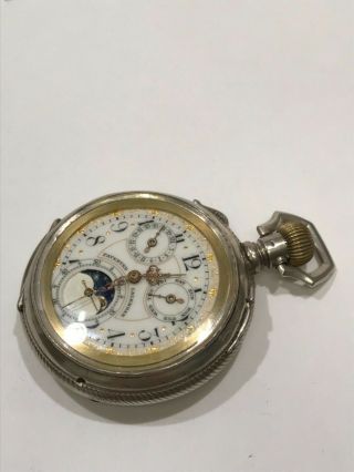 Antique Triple Calendar Moon Phase Pocket Watch Continental Watch Co 15 Jewels S 10