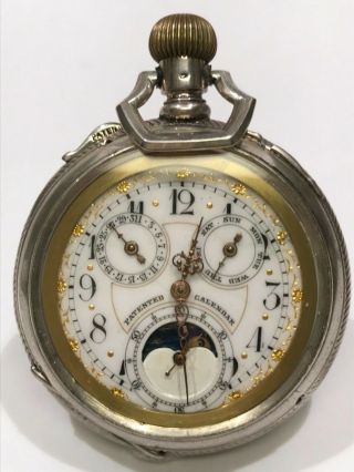 Antique Triple Calendar Moon Phase Pocket Watch Continental Watch Co 15 Jewels S