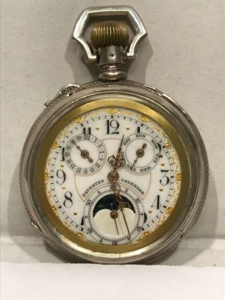 Antique Triple Calendar Moon Phase Pocket Watch Continental Watch Co 15 Jewels S 2