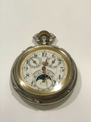 Antique Triple Calendar Moon Phase Pocket Watch Continental Watch Co 15 Jewels S 9