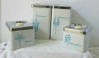 Vintage Mid Century Modern Lincoln Beautyware Tin Canister Set Turquoise/white