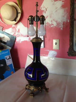 Stunning Vintage Cobalt Blue/gold Glass Table Lamp,  Greek Key Hand Painted,  French