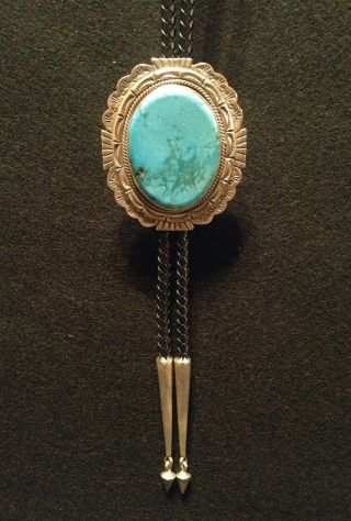 Old Pawn 3 Inch Sterling Silver Bolo Tie Signed Je Turquoise Incredible Vintage