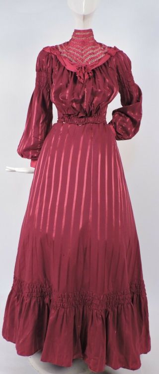 Victorian Turn Of The Century Red Striped Silk Dress W Drawnwork Ribbon Top