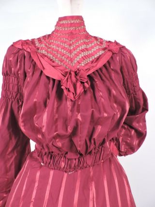 VICTORIAN TURN OF THE CENTURY RED STRIPED SILK DRESS W DRAWNWORK RIBBON TOP 3