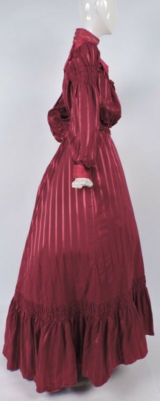 VICTORIAN TURN OF THE CENTURY RED STRIPED SILK DRESS W DRAWNWORK RIBBON TOP 8