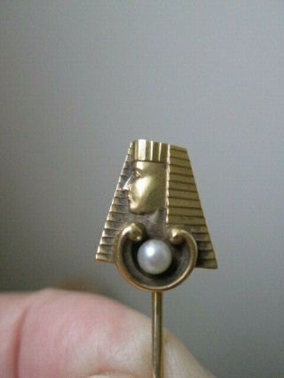 Vintage Stick Pin Art Nouveau Egyptian Revival 14k W Pearl Gold Pharaoh 2 Grams