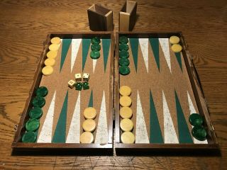 Vintage Drueke Backgammon Set Bakelite Green Butterscotch Cork Board