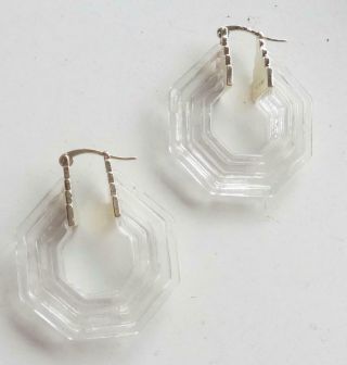 CELINE PARIS Vintage Earrings Haute Couture Clear Ribbed Resin Hoops 3