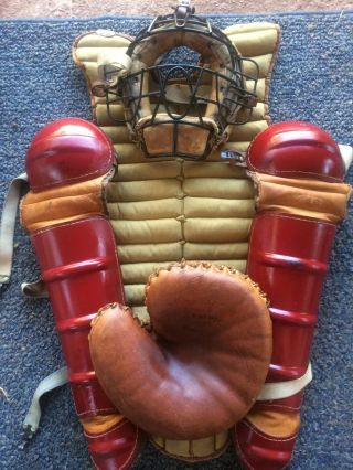 Vintage Catchers Mitt Glove Chest Protector Shin Guards And Mask
