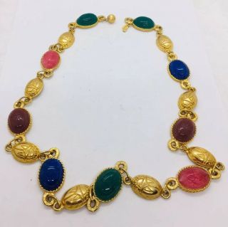 Vintage Kjl Kenneth Lane Yellow Gold Plated Scarab Necklace 32”