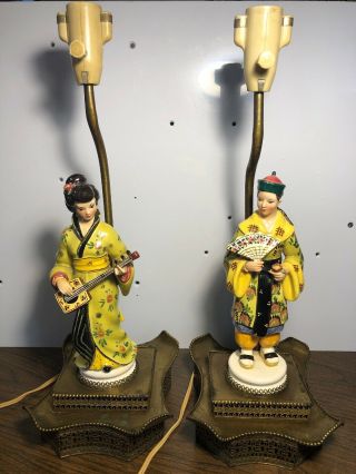 2 Pair Vintage 1940 - 50 Japanese Ceramic Table Lamp Set Oriental Asia