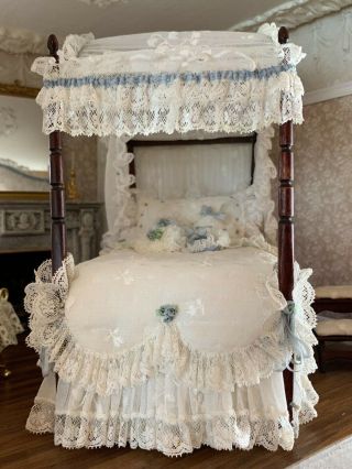 1988 Nellie Bell Miniature Dollhouse Artisan White Eyelet Lace Canopy Bed PRETTY 10