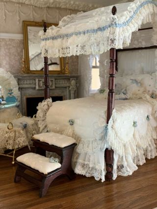 1988 Nellie Bell Miniature Dollhouse Artisan White Eyelet Lace Canopy Bed PRETTY 11
