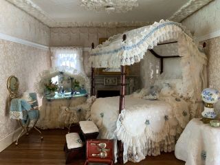 1988 Nellie Bell Miniature Dollhouse Artisan White Eyelet Lace Canopy Bed PRETTY 6
