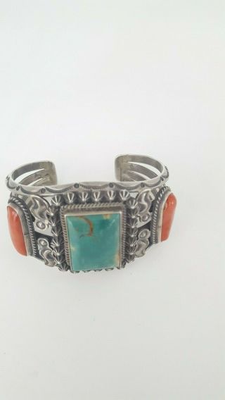 Vintage Navajo Cuff Bracelet by Raymond Delgarito with Coral 3