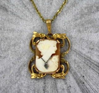 Vintage Antique Carved Shell Cameo Pendant Necklace 10 Kt Gold With Diamond