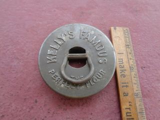 EARLY Antique Tin Advertising KELLY ' S FAMOUS Flour Biscuit Cookie Cutter 2
