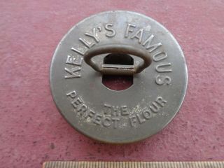 EARLY Antique Tin Advertising KELLY ' S FAMOUS Flour Biscuit Cookie Cutter 3