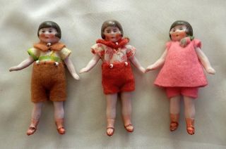Three Antique Bisque 3 " Dolls Painted Faces Socks Shoes,  Movable Arms Legs