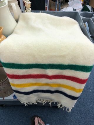 Vintage Hudsons Bay Company Caribou Multi Stripe 100 Wool Throw Blanket Fringe