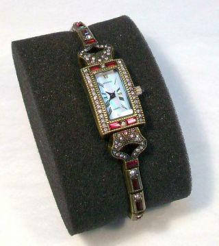 Signed Heidi Daus Vintage Art Deco Ruby Red & Clear Rhinestone Watch Bracelet