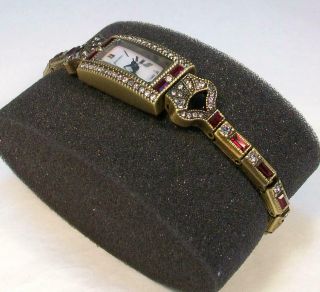Signed HEIDI DAUS Vintage Art Deco Ruby Red & Clear Rhinestone Watch Bracelet 4