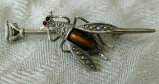 Lovely Vintage Silver Seed Pearl Tigers Eye Bug Insect Pin Brooch