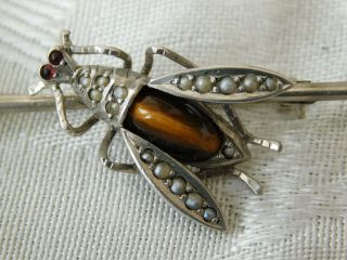 Lovely Vintage Silver Seed Pearl Tigers Eye Bug Insect Pin Brooch 2